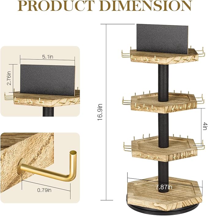LadyRosian 3-Tier Wooden Rotating Jewelry Display Stand | Bracelet & Keychain - Image 2
