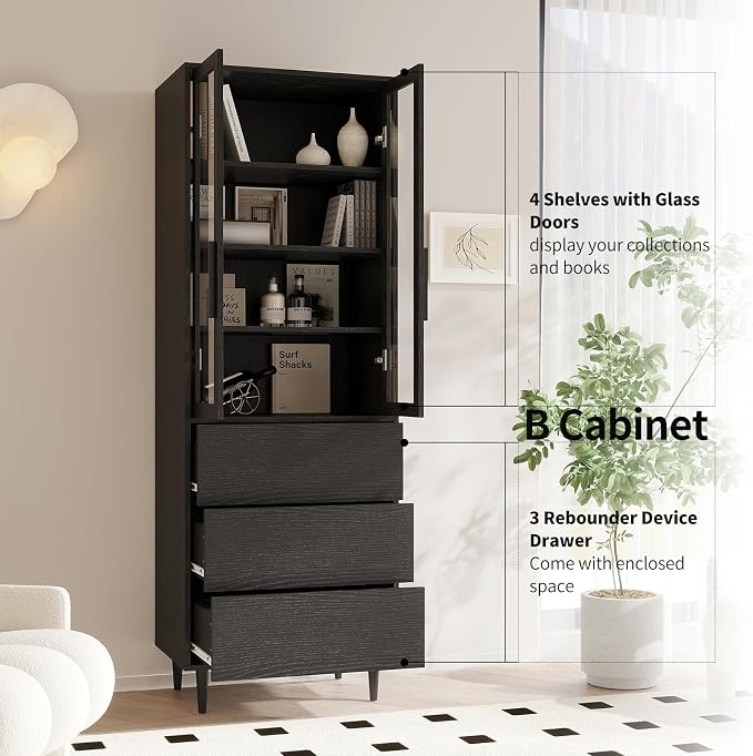 TUSY 70.9“ H Book Shelf with Drawers, 7-Tier Bookcase with Glass Doors - Image 3