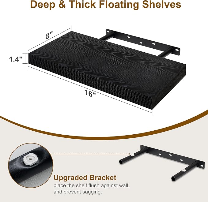 Fun Memories Black Floating Shelves 16 Inch Long, 8 Deep Floating Shelf Wall - Image 3