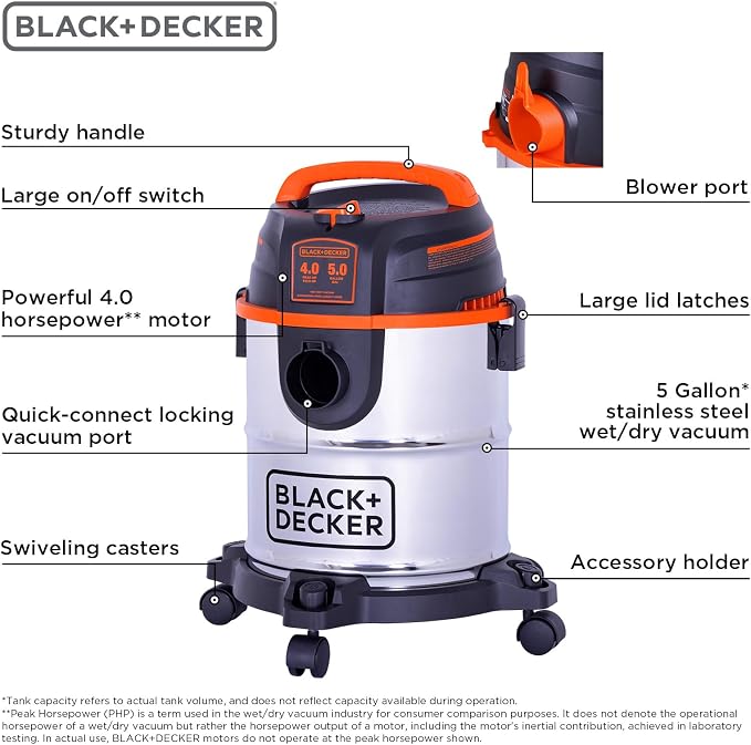 BLACK+DECKER Shop Vacuum Wet and Dry, 5 Gallon 3-in-1 Stainless Steel Shop Vac - Image 6