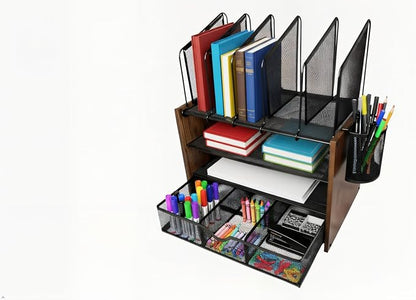 4-Tier Wood & Metal Desk Organizer – Vertical File Tray, Pen Holder & Drawer | - Image 5