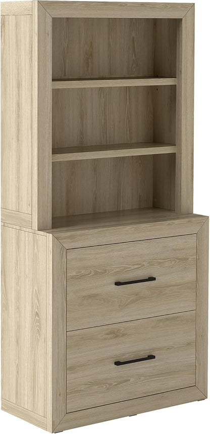 Multi-Depth Bookcase with 2 File Drawers, Bookshelves Floor Standing 3 Tier by OrtelloHome