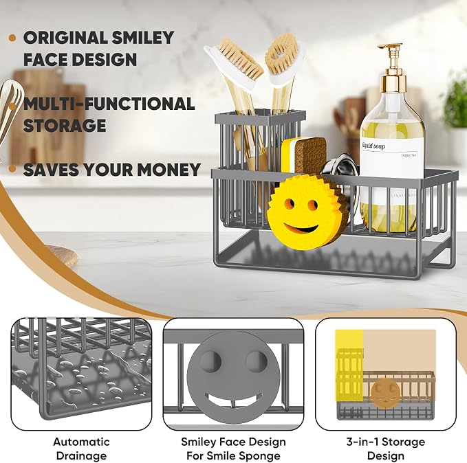 Sponge Holder for Kitchen Sink, Smiley Face Sink Caddy - Image 3