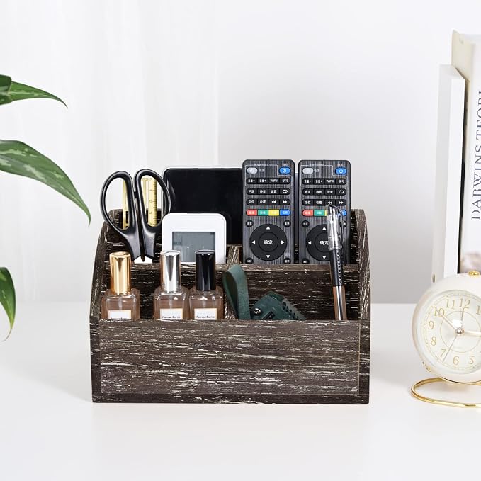 OKSQW Wood Desk Organizer, Solid Wooden Dark Brown Pen Holder - Image 5