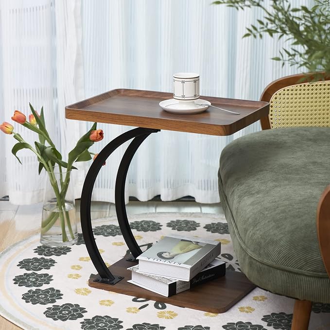 C Shaped end Table, 2tier Large Tray Wood top, Easy Install Heavy Duty Side - Image 9