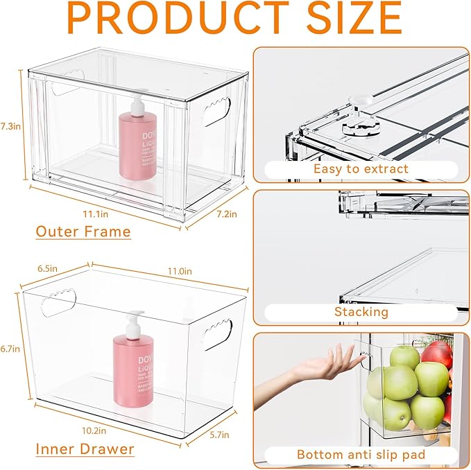 Yieach 2 Pack Large Stackable Storage Drawers, 11″Deep Under Cabinet Organizer - Image 3