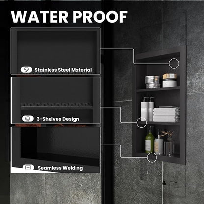 14" x 24" Stainless Steel Shower Niche, 3-Tier Waterproof Shelves, No-Tile - Image 4