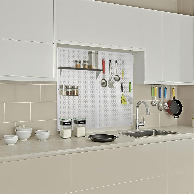 Pegboard Wall Organizer 2 PCS 32" x 16" Silvery Peg Board Metal Pegboard Panels - Image 6