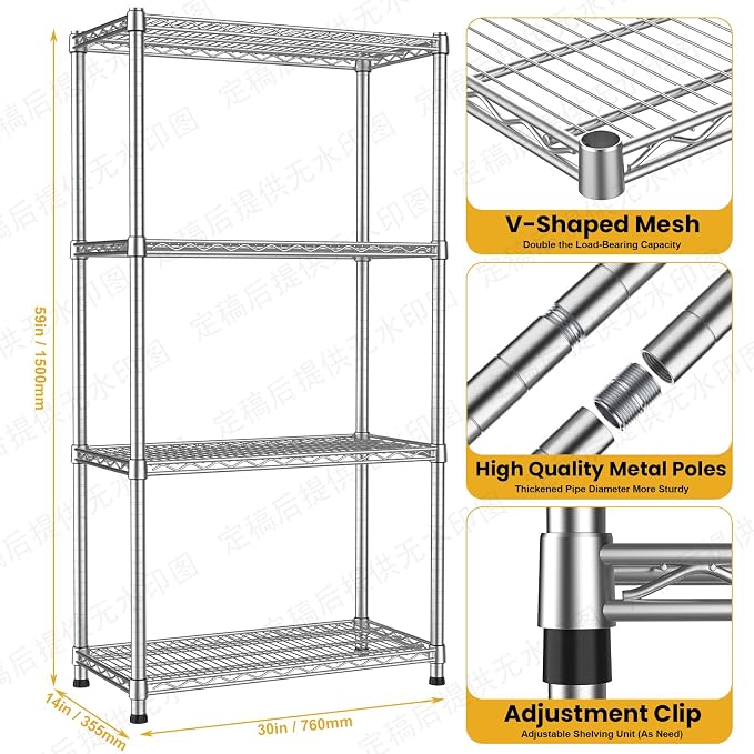 Metal Shelving Unit 4 Tier Storage Shelves Rack Metal Shelf Adjustable Wire - Image 3