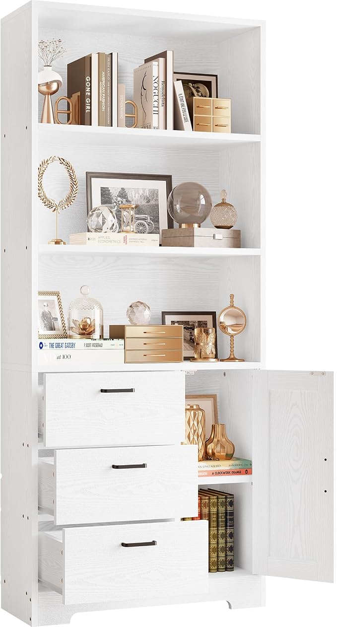 IRONCK Bookshelf with Door and 3 Drawers, 71in Tall Bookcase Shelf with 3-Tier by IRONCK