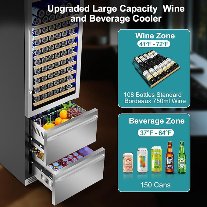 24 Inch Wine and Beverage Refrigerator, 2 IN 1 Dual Zone Drawer Beverage Fridge - Image 2