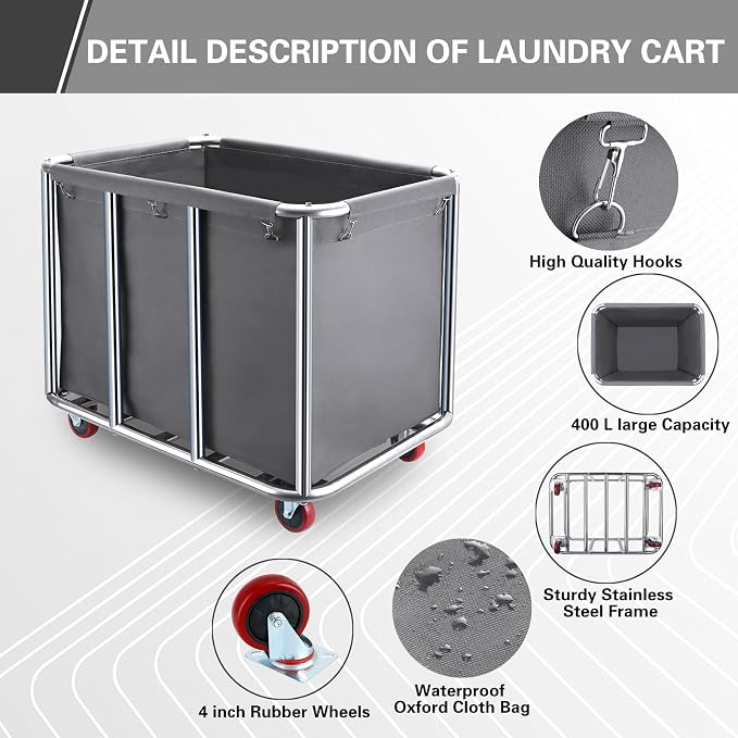 Commercial Laundry Cart with Wheels, 400L Large Industrial Laundry Cart - Image 4