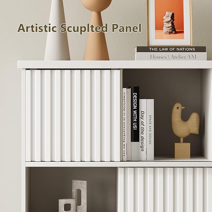 iPormis 12 Cube Bookcase with 6 Fluted Sliding Doors, 3 Tier Wooden Bookshelf - Image 6