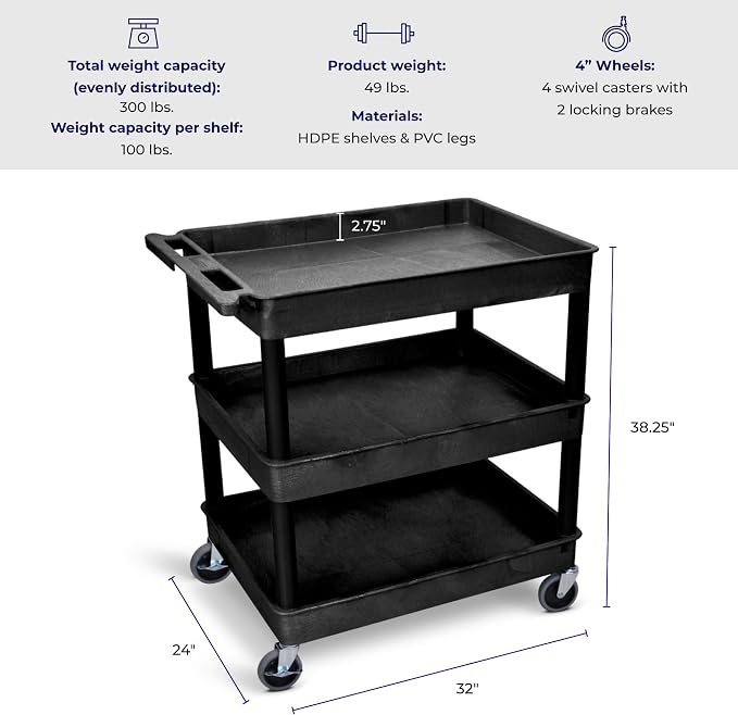 Stand Steady Tubstr Large 3 Shelf Utility Cart | Heavy Duty, Holds Up to 300 - Image 3