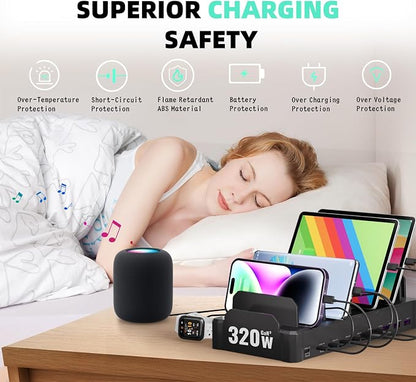 320W Charging Station for Multiple Devices, Zobirez 10-Port USB C Fast Charger - Image 4