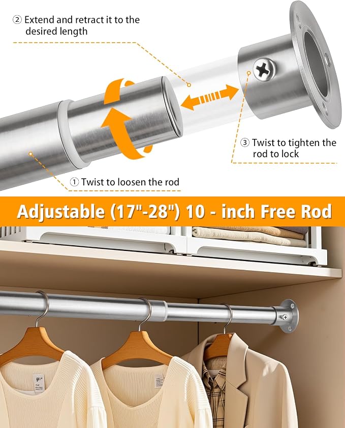 Closet Rods for Hanging Clothes, 17-52 Inch Heavy Duty and Stepless Adjustable - Image 4