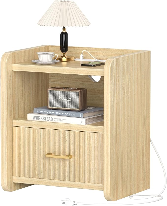 Night Stand with Charger Station, Fluted Nightstands Set of 2 with Drawer - Image 9