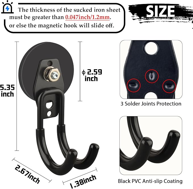 ULIBERMAGNET Garage Strong Magnetic Hooks, 2 Pack Black Heavy Duty Large J Hooks - Image 2