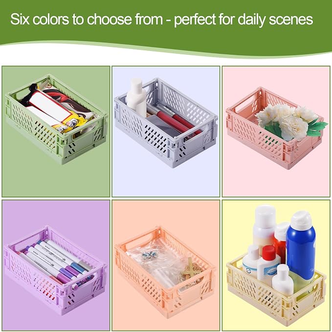 6-Pack Small Pastel Plastic Storage Baskets, Collapsible Crates - Image 2