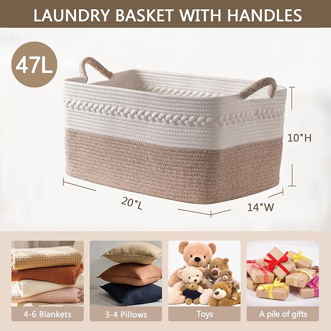 Decorative laundry basket with handles woven from natural cotton rope storage - Image 2