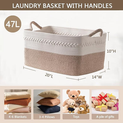 Decorative laundry basket with handles woven from natural cotton rope storage - Image 2