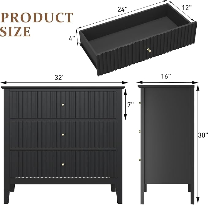 RoyalCraft Large 3 Drawer Dresser Set of 2, Fluted Chest of Drawers - Image 2