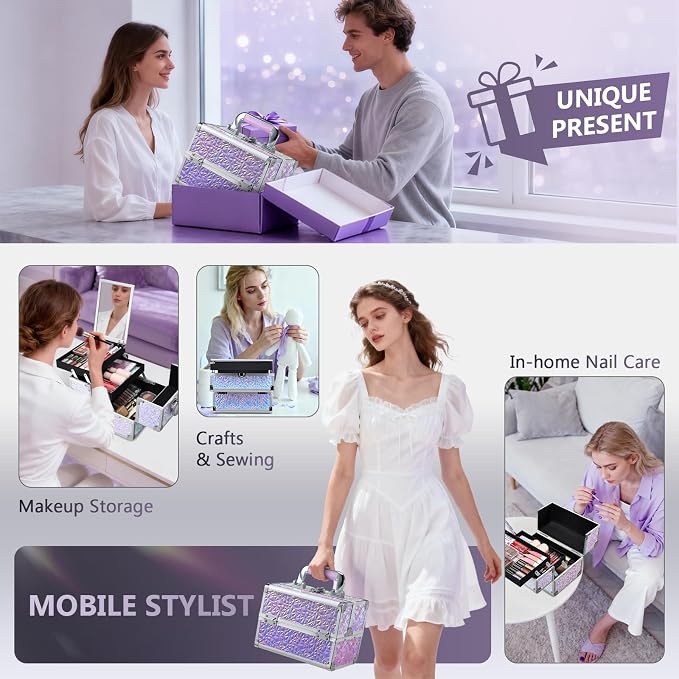 Joligrace Makeup Train Case Makeup Case Organizer Portable Cosmetic Box Storage - Image 7