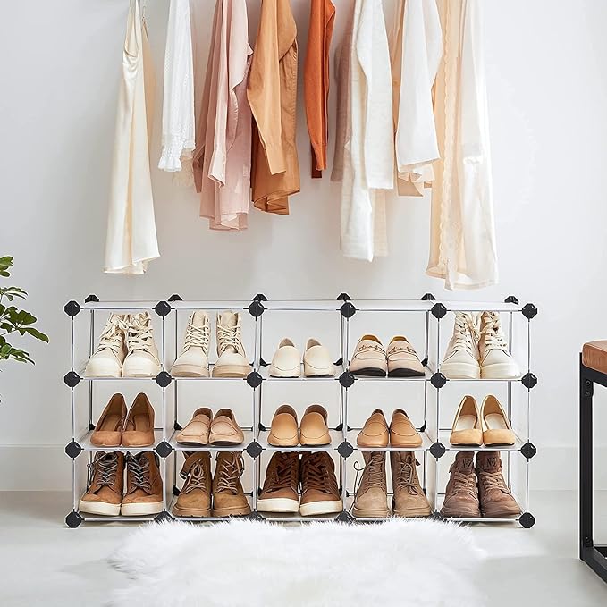 SONGMICS Shoe Rack with 16 Cubes, Interlocking Plastic Shoe Organizer, DIY - Image 4