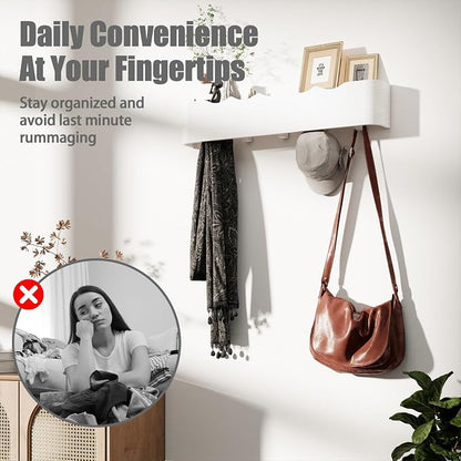 Coat Rack Wall Mount with Shelf 4 Hidden Hooks Modern Wooden Key Holder - Image 5