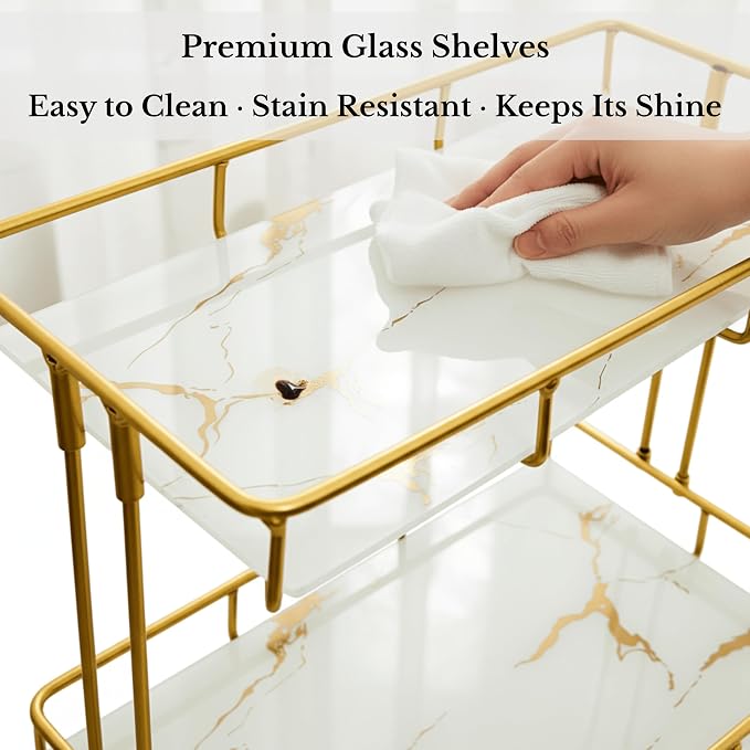 2-Tier White Marble Bathroom Countertop Organizer – Glass Shelves & Gold Metal - Image 5
