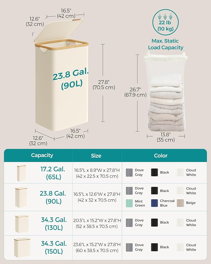 SONGMICS Laundry Hamper with Lid, Large Laundry Basket, 23.8 Gallons, Removable - Image 6