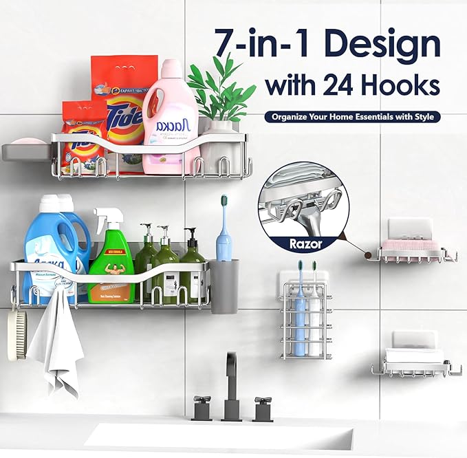 Shower Caddy Adhesive Shower Organizer 7-Pack, Rustproof Stainless Steel - Image 4