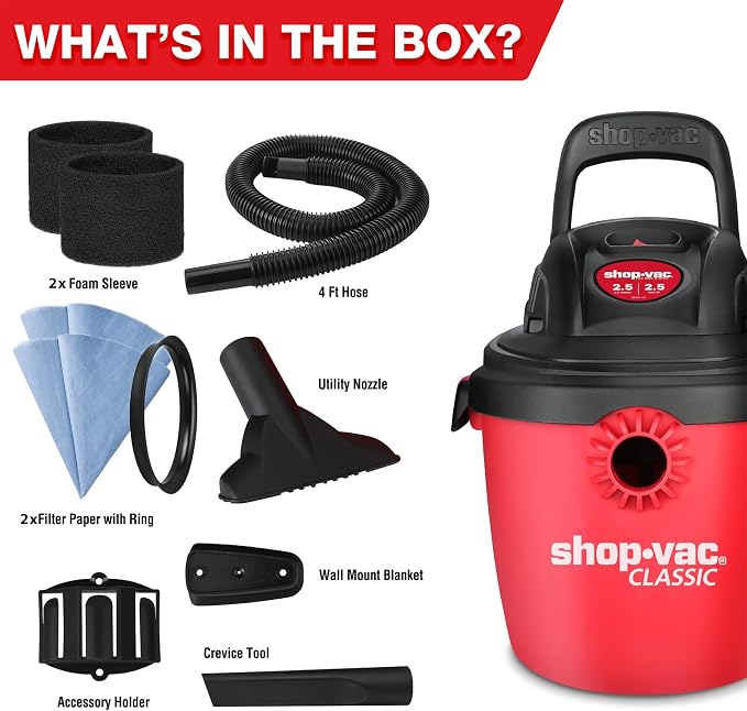 Shop-Vac 2.5 Gallon 2.5 Peak HP Wet/Dry Vacuum, Portable Compact Shop Vacuum - Image 9
