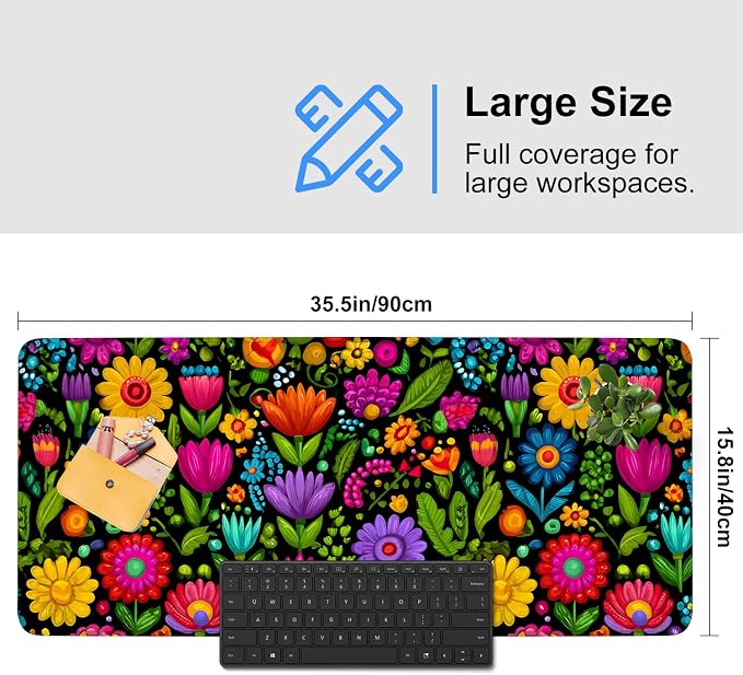 Folk Art Floral Mouse Pad – Large Extended Desk Mat 35.43 x 15.75 in – Colorful - Image 3