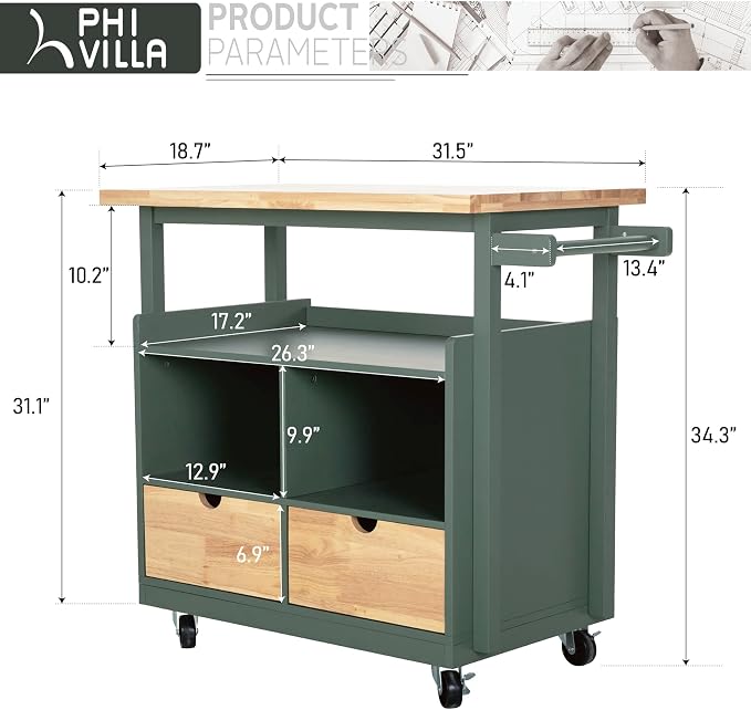 PHI VILLA Kitchen Island Cart on Wheels - Image 2