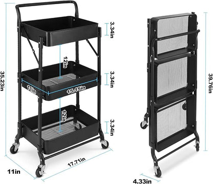 Foldable 3 Tier Metal Utility Rolling Cart, Folding Mobile Multi-Function - Image 5
