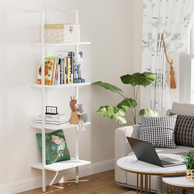 Ladder Shelf 4 Tiers Metal Industrial Bookshelf, Wall Mount Wide Bookcase - Image 5