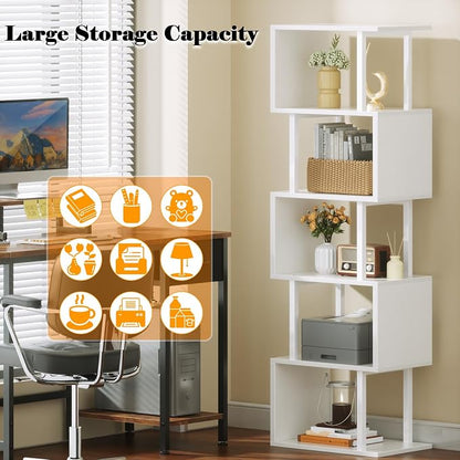 Furologee White Geometric Bookshelf 6 Tier S-Shaped Bookcase, Tall Modern - Image 4