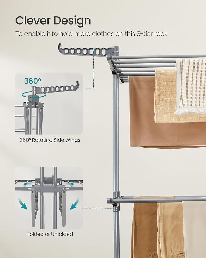 SONGMICS Clothes Drying Rack 3-Tier, Foldable Laundry Drying Rack 58.3-Inch Tall - Image 6