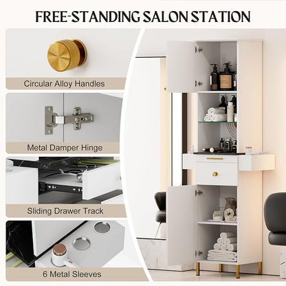 Salon Stations for Hair Stylist, Barber Station w/Glass Shelf & Golden Handles - Image 7