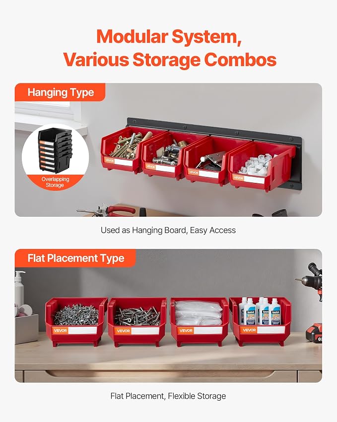 VEVOR Wall Mounted Storage Bins, 12 Plastic Bins & 3 Metal Rails, Plastic - Image 4