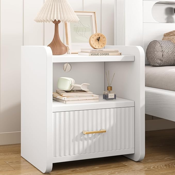 Night Stand with Charger Station, Fluted Wood Nightstand with Drawer Storage by Curlaky