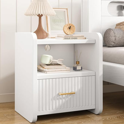 Night Stand with Charger Station, Fluted Wood Nightstand with Drawer Storage by Curlaky