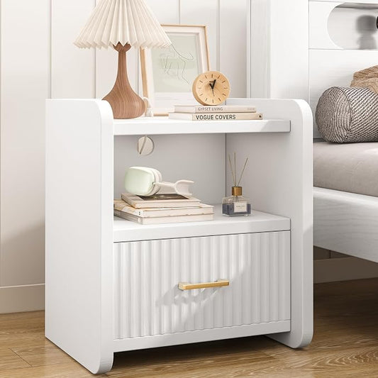 Night Stand with Charger Station, Fluted Wood Nightstand with Drawer Storage by Curlaky