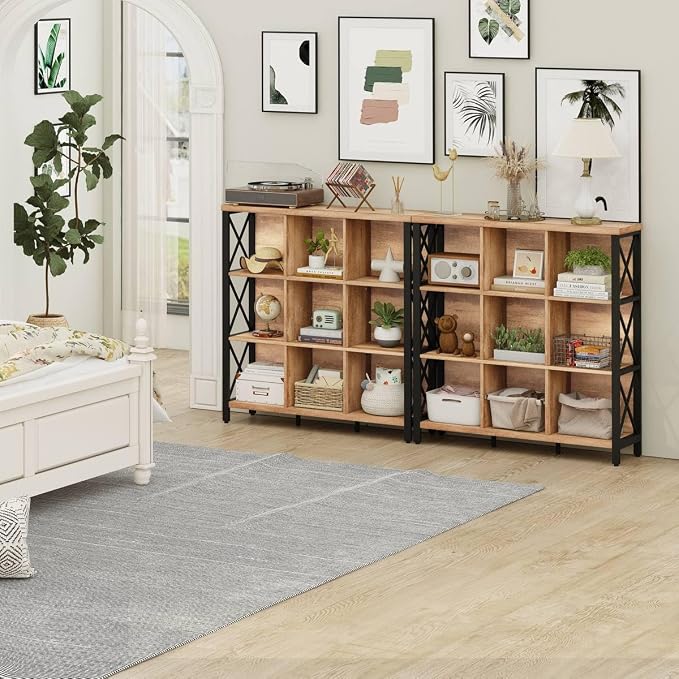 FATORRI 9 Cube Storage Bookshelf, 4 Shelf Book Shelf, Farmhouse Wood and Metal - Image 8