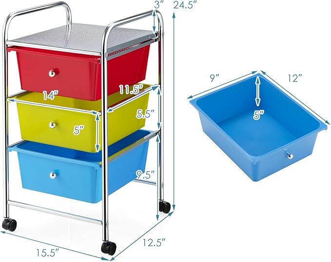 Giantex Rolling Cart with Drawers, Craft Organizer with Wheels, 3 Drawer - Image 3