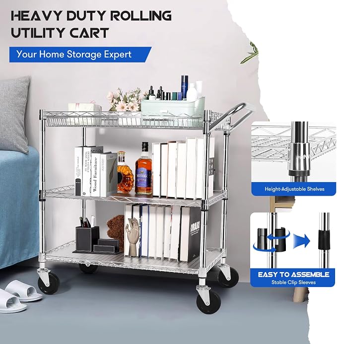 YNN Chrome Utility Rolling Cart, 990Lbs 3 Tier Heavy Duty Metal Cart - Image 5