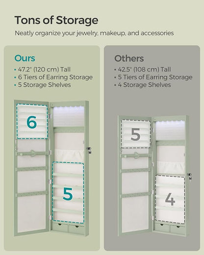 SONGMICS 6 LEDs Mirror Jewelry Cabinet, 47.2-Inch Tall Lockable Wall or Door - Image 6