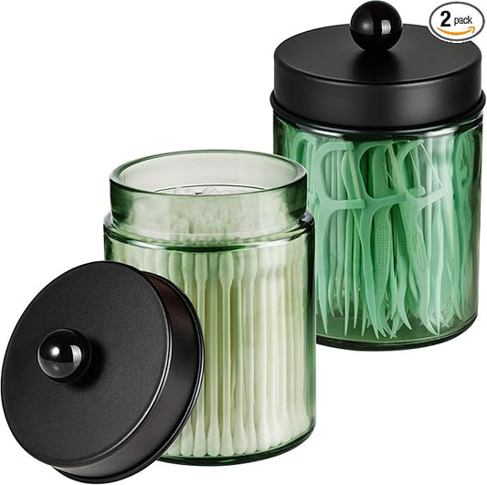 Amolliar Sage Green Glass Apothecary Jar, Qtip Holder Metal Lid & Stickers by Amolliar