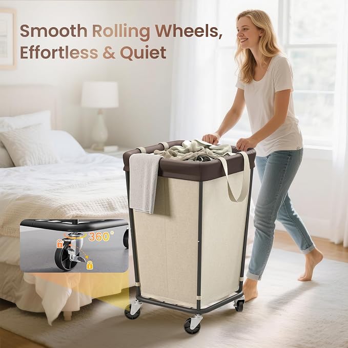 160L Laundry Basket with Wheels, 2-section Rolling Laundry Basket, Large - Image 2
